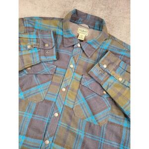 LL Bean Fleece Lined Flannel Shirt Men L Blue Plaid Shacket Waffle Grid Snap